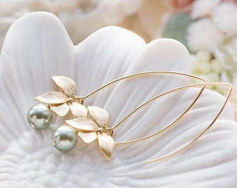 Sage Green Pearl Dangle Earrings Gold Orchid Flower Earrings Green Drop Earrings Sage Green Wedding Earrings Bridal Jewelry Bridesmaid  Gift