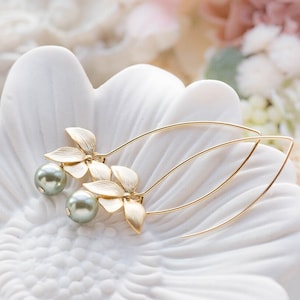 Sage Green Pearl Dangle Earrings Gold Orchid Flower Earrings Green Drop Earrings Sage Green Wedding Earrings Bridal Jewelry Bridesmaid  Gift