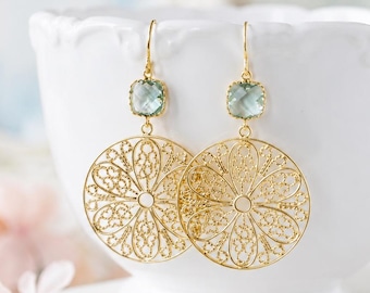 Light Aqua Blue Crystal Gold Filigree Hoop Earrings, Aquamarine Earrings, March Birthstone, Birthday Gift for Women