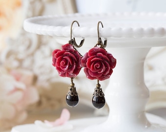 Dark Red Earrings, Maroon Burgundy Marsala Flower Black Teardrop Pearl Dangle Earrings Wedding Jewelry Bridesmaid Gift Valentines day gift