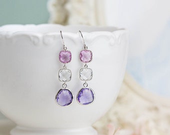 Lavender Purple Clear Crystal Earrings, Purple Lavender Violet Wedding Jewelry, Silver Dangle Earrings, Bridesmaid Gift, Anniversary Gift