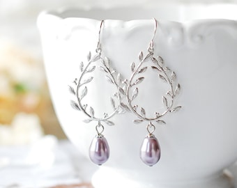 Lavender Pearl Earrings, Teardrop Pearl, Silver Laurel Wreath Earrings, Lavender Wedding Bridal Jewelry, Bridesmaid Gift, Gift for wife