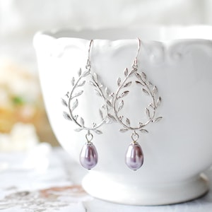 Lavender Pearl Earrings, Teardrop Pearl, Silver Laurel Wreath Earrings, Lavender Wedding Bridal Jewelry, Bridesmaid Gift, Gift for wife
