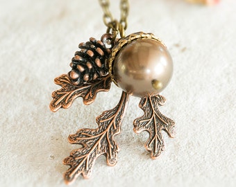 Acorn Pinecone Oak Leaf Necklace, Bronze Pearl Acorn Pendant Necklace, Fall Autumn jewelry, Woodland Necklace, Copper Leaf, Gift for her