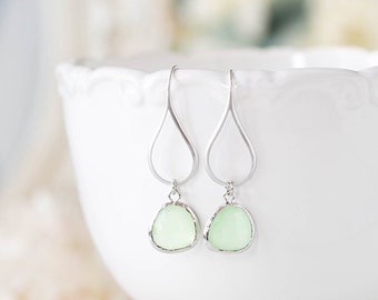 Mint Earrings, Silver Mint Green Teardrop Glass Dangle Earrings, Mint Wedding Jewelry, Modern Earrings,  gift for mom daughter wife sister