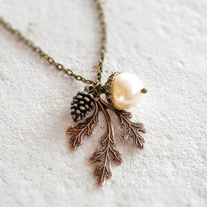 Acorn Pendant Necklace: Swarovski Pearl, Copper Pinecone & Oak Leaf