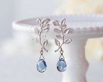 Silver Leaf Branch Post Earrings, Navy Blue Sapphire September Birthstone, London Blue Quartz, Gift for Mom Wife, Christmas Gift for her
