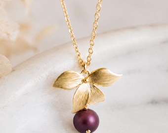 Plum Purple Pearl Necklace, Gold Flower Necklace, Burgundy Pearl Pendant, Romantic Wedding Jewelry, Bridesmaid Gift