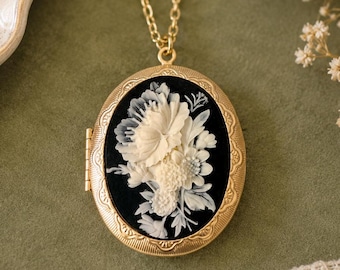 Vintage Floral Cameo Locket Necklace, Black Flower Cameo Pendant, Victorian Keepsake Jewelry, Romantic Gift for Her