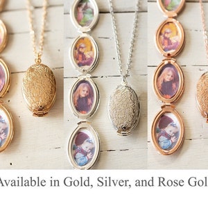 Floral Etched Photo Locket Necklace: Gold, Silver, Rose Gold