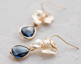 Navy Blue Earrings, Gold Flower Dark Sapphire Dangle Earrings. Navy Wedding Jewelry, Something Blue, Bridesmaid Gift, September Birthstone