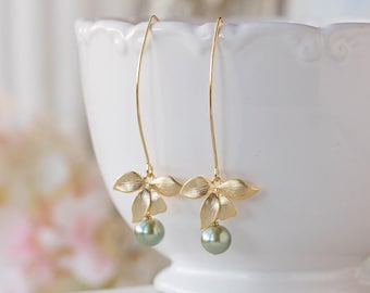 Sage Green Pearl Dangle Earrings Gold Orchid Flower Earrings Green Drop Earrings Sage Green Wedding Earrings Bridal Jewelry Bridesmaid  Gift