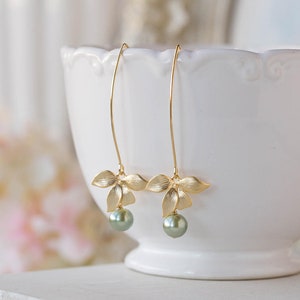 Sage Green Pearl Dangle Earrings Gold Orchid Flower Earrings Green Drop Earrings Sage Green Wedding Earrings Bridal Jewelry Bridesmaid  Gift