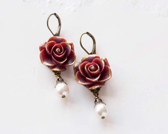 Dark Red Burgundy Rose Cream White Pearl Earrings, Burgundy Marsala Maroon Wedding Bridal Earrings, Bridesmaid Earrings, Bridesmaid Gift