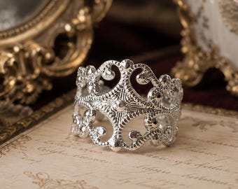 Silver Filigree Ring, Vintage Style Statement Ring, Adjustable Lace Ring, Victorian Inspired Jewelry, Ornate Boho Ring for Women