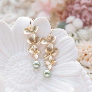 Sage Green Pearl Earrings, Gold Cascading Orchid Flower long Dangle Earrings, Wedding Jewelry, Bridal Earrings, Gift for wife mom her