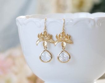 Gold Lotus Flower Clear Glass Crystal Dangle Earrings Drop Earrings Gold Wedding Jewelry Bridal Party Gift Bridesmaids Earrings boho Chic