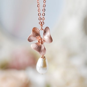 Rose Gold Orchid FlowerCream White Teardrop Pearl Necklace, Pearl Necklace, June Birthstone, Birthday Gift for Her, Rose Gold Jewelry