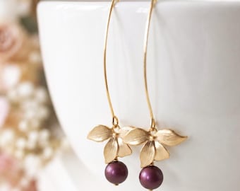 Gold Orchid Plum Pearl Earrings: Burgundy Wedding Jewelry