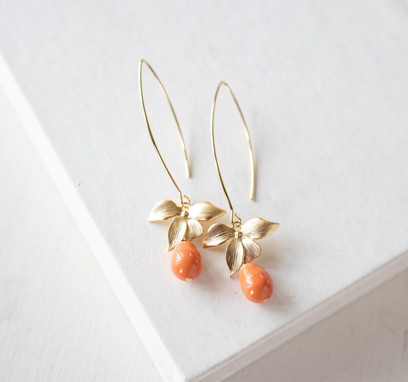 Orange Coral Pearl Earrings, Gold Orchid Flower Dangle Earrings, Coral Wedding Jewelry, Bridesmaid Gift, Gift for Wife Daughter Sister Mom image 1