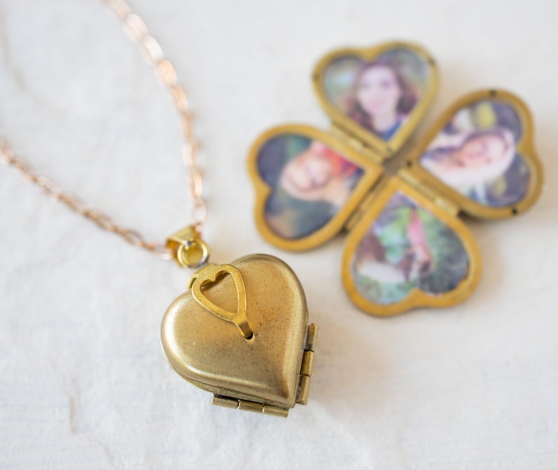 Heart Locket Necklace, Family Friends Locket, Gift for Family Friends, Vintage Brass Folding Locket, Personalized Mother's day Gift for Mom image 4