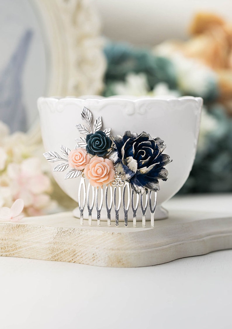Navy Blue Pink Wedding Hair Comb Silver Bridal Bridal Headpiece Dark Blue Blush Pink Flower Silver Leaf Hair Comb Silver And Navy Wedding Accessories Weddings Pcpplasticos Co