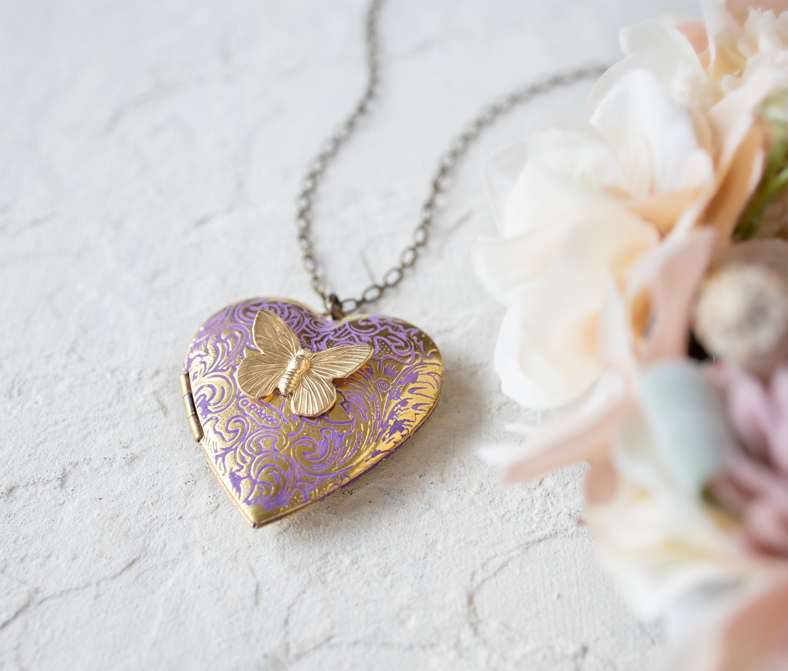Purple Heart Locket Necklace Butterfly 