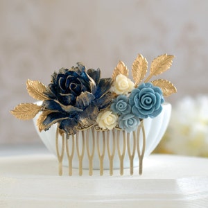 Navy Blue Bridal Hair Comb, Gold Navy Blue Wedding, Something Blue Wedding, Flower Hair Comb, Gold Dusky Blue Ivory Rose Gold Leaf Hair Comb image 3