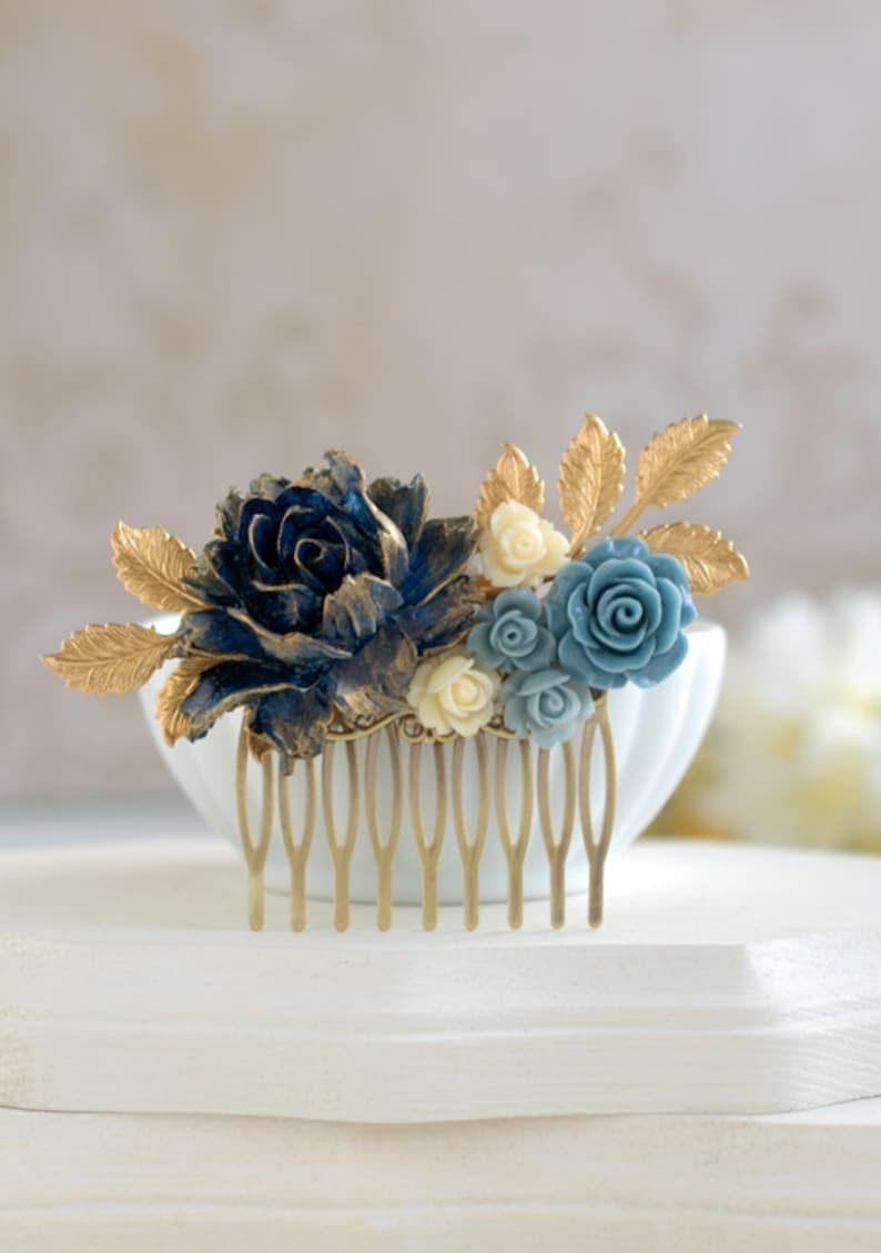 Navy Blue Bridal Hair Comb, Gold Navy Blue Wedding, Something Blue Wedding, Flower Hair Comb, Gold Dusky Blue Ivory Rose Gold Leaf Hair Comb image 3