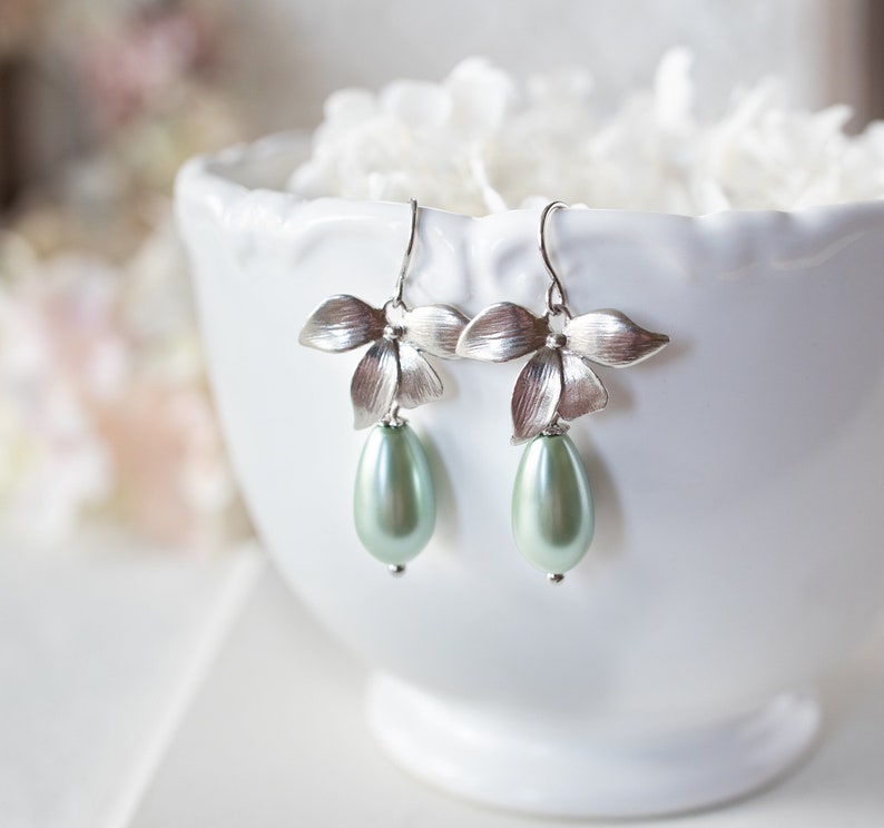 Light Green Pearl Earrings, Soft Green Pearl Earrings, Sage Green Pearl Earrings, Teardrop Green Pearl Earrings, Silver Flower Earrings image 1