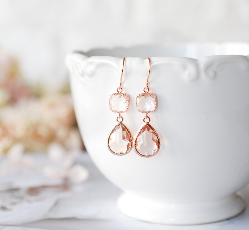 Rose Gold Earrings, Peach Champagne Clear Crystal Earrings, Rose Gold Jewelry, Birthday Anniversary Gift for Women, Bridesmaid Gift image 9