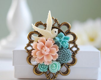 Bird brooch, Ivory Dove Pink Blue Flower Brooch, Floral Collage Brooch, Victorian Large Bronze Brooch, Bridal Sash Brooch, Valentines gift