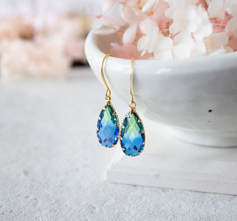 Green and Blue Earrings, Two Tone Vintage Glass Earrings, Gold Dangle Earrings, Teardrop Glass Jewel Earrings, Sparkly Crystal Earrings image 3