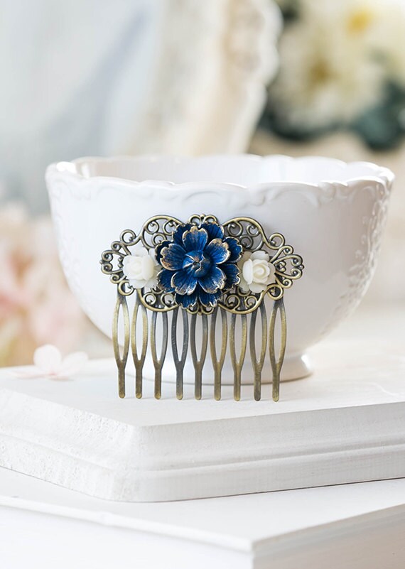 Gold Tipped Navy Blue Dark Blue Vintage Style Hair Comb Cherry Etsy
