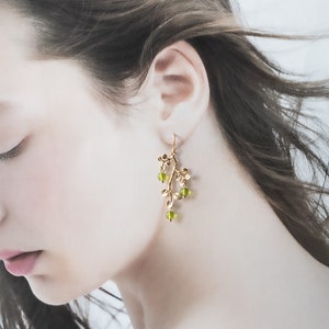 Peridot Green Earrings, Gold Leaf Tree Branch Dangle Earrings, chandelier Earrings, Summer Jewelry, Plant, Nature, August Birthstone image 5