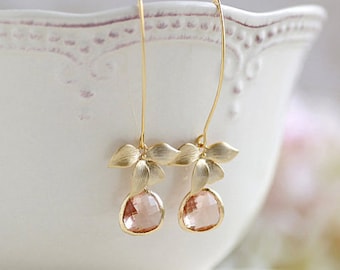 Peach Champagne Gold Orchid Flower Dangle Earrings Peach Champagne Wedding Bridal Earrings Bridesmaid Earrings Gift for her