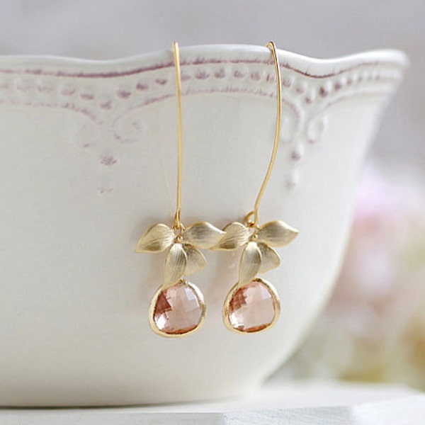 Peach Champagne Gold Orchid Flower Dangle Earrings Peach Champagne Wedding Bridal Earrings Bridesmaid Earrings Gift for her