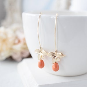 Orange Coral Pearl Earrings, Gold Orchid Flower Dangle Earrings, Coral Wedding Jewelry, Bridesmaid Gift, Gift for Wife Daughter Sister Mom image 4