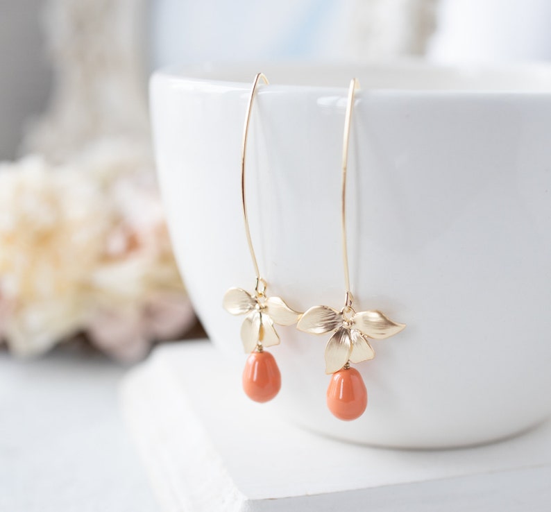 Orange Coral Pearl Earrings, Gold Orchid Flower Dangle Earrings, Coral Wedding Jewelry, Bridesmaid Gift, Gift for Wife Daughter Sister Mom image 4