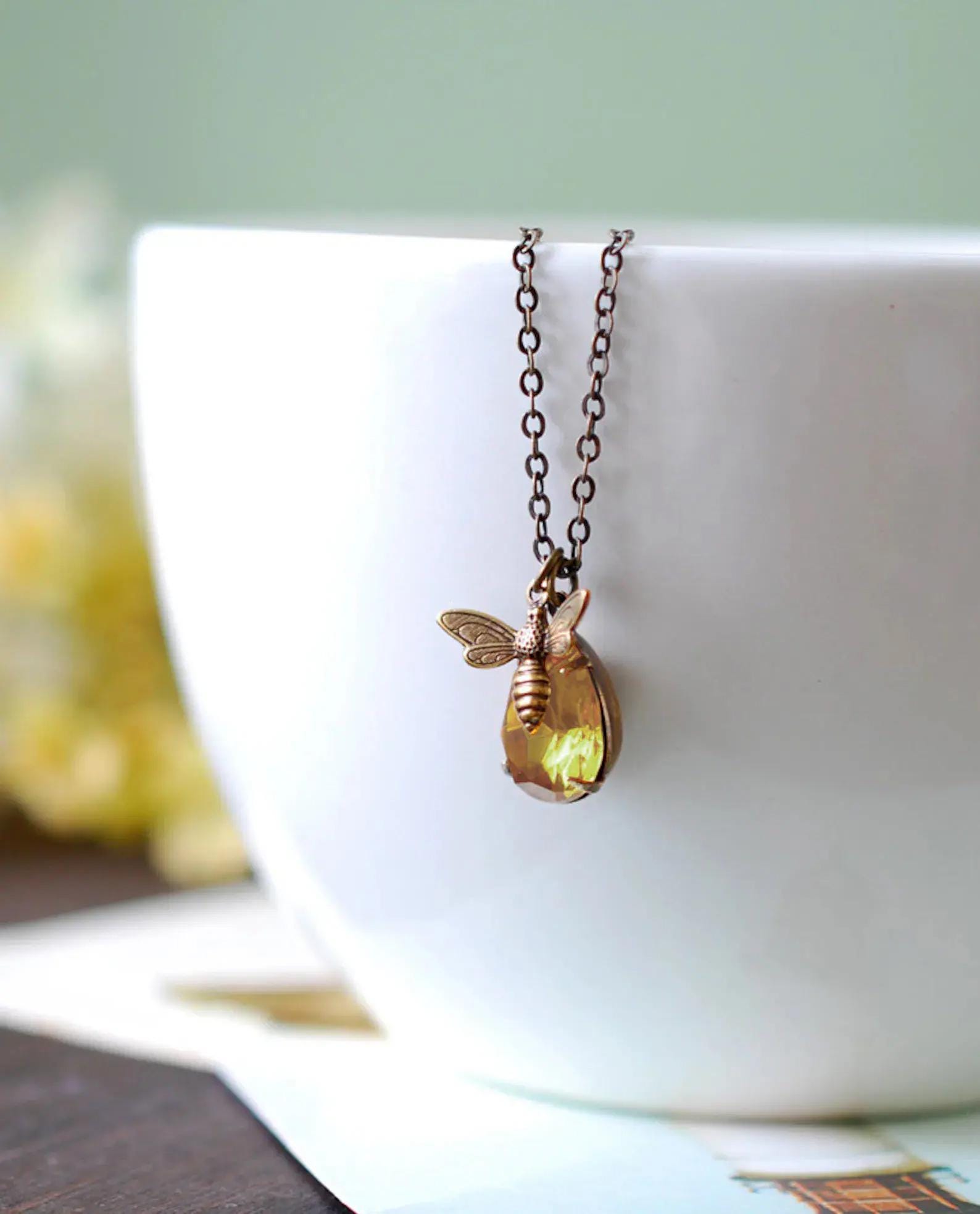 Bee Necklace With Topaz Honey Drop, Bee Jewelry, Honey Bee