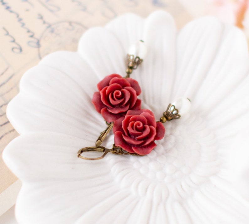 Dark Red Earrings Burgundy Flower Earrings, Cream White Pearl Earrings, Marsala Maroon Wedding Jewelry, Bridesmaid Gift, Vintage Style image 5