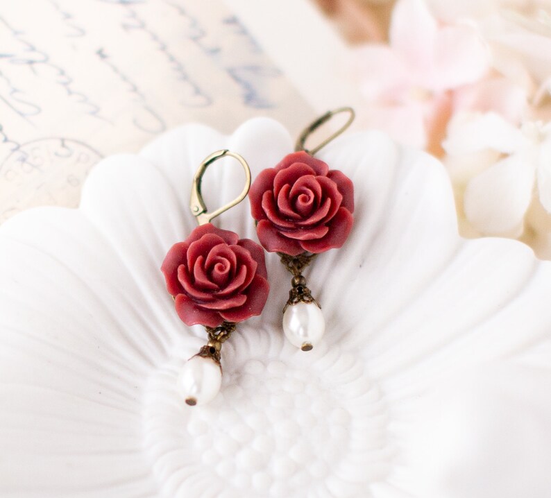 Dark Red Earrings Burgundy Flower Earrings, Cream White Pearl Earrings, Marsala Maroon Wedding Jewelry, Bridesmaid Gift, Vintage Style image 3