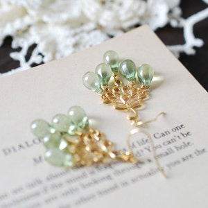 Mint Green Glass Drops Chandelier Earrings. Mint Green Czech Glass Drops, Gold Peacock Feather Chandelier Earrings. Summer Accessory image 4