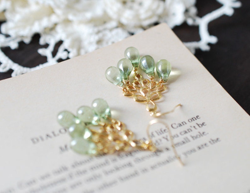 Mint Green Glass Drops Chandelier Earrings. Mint Green Czech Glass Drops, Gold Peacock Feather Chandelier Earrings. Summer Accessory image 4