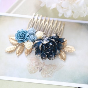 Navy Blue Bridal Hair Comb, Gold Navy Blue Wedding, Something Blue Wedding, Flower Hair Comb, Gold Dusky Blue Ivory Rose Gold Leaf Hair Comb image 4