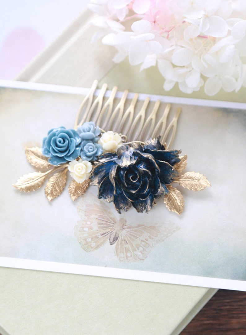 Navy Blue Bridal Hair Comb, Gold Navy Blue Wedding, Something Blue Wedding, Flower Hair Comb, Gold Dusky Blue Ivory Rose Gold Leaf Hair Comb image 4