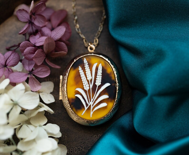 Lavender Locket Necklace, Large Gold Photo Locket, Tortoise Shell Necklace, Personalized locket, flower Cameo Locket, Birthday Gift for Her image 1