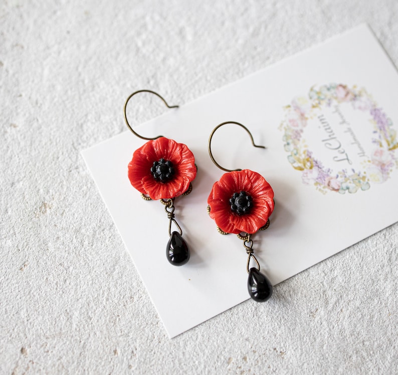 Poppy Flower Earrings Red Flower Black Teardrop Glass Bead Etsy