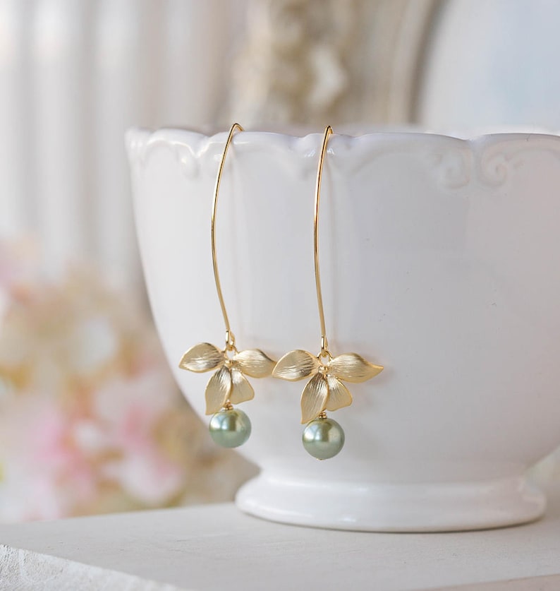 Sage Green Pearl Gold Orchid Flower Earrings, Olive Green Sage Wedding Bridal Earrings, Bridesmaid Earrings, Gift for Her, Gift for Women 