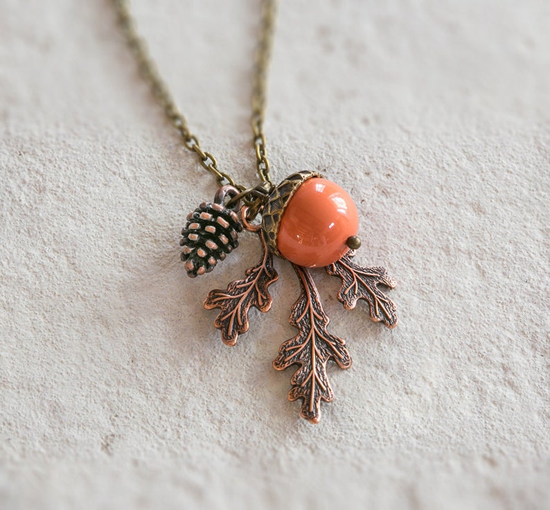 Acorn Pinecone Oak Leaf Pendant Necklace, Fall Autumn Jewelry Jewellery, Woodland Jewelry, Mothers Day Gift for Mom, Gift for Wife grandma image 3